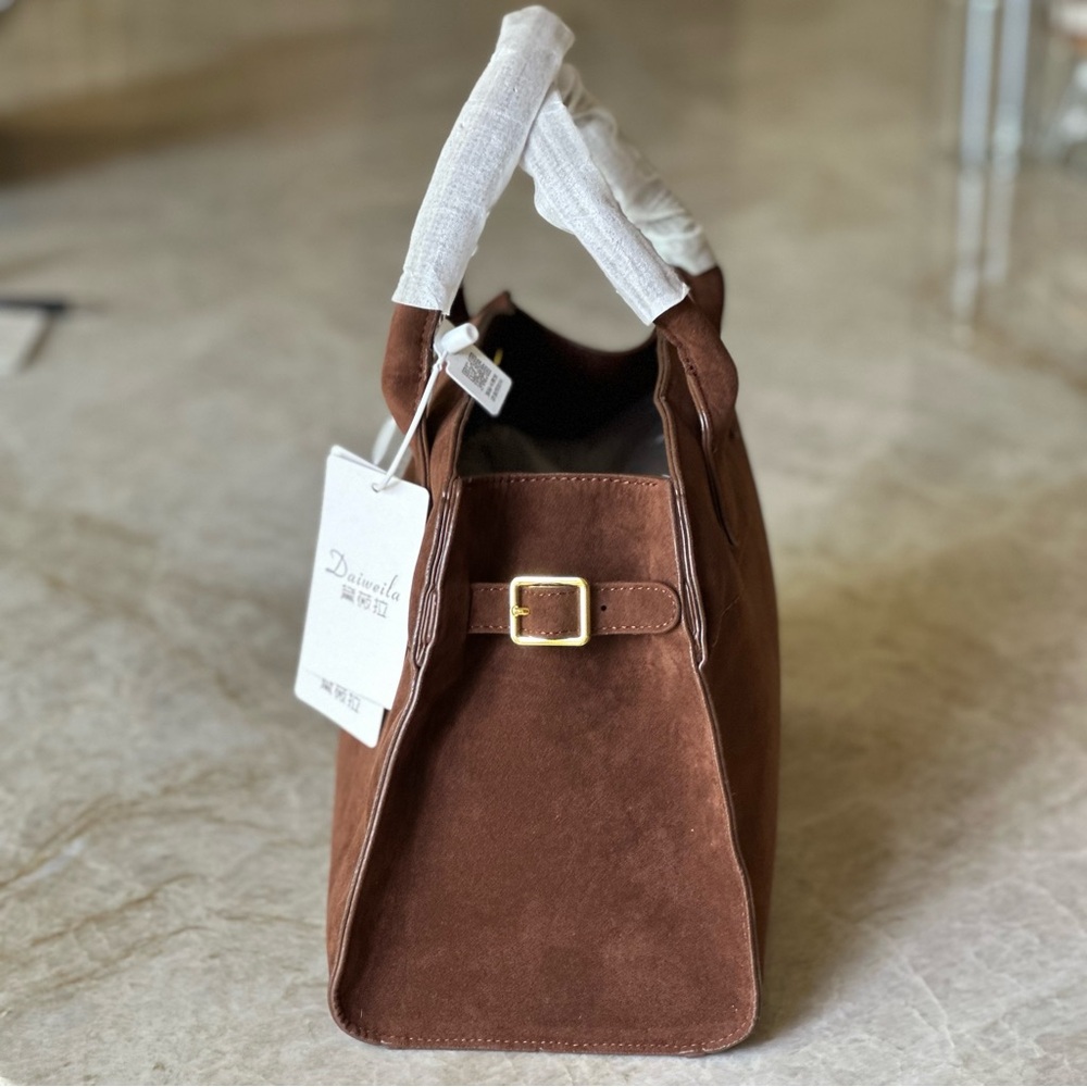 Brown Satchel PU Leather - Handled Tote - Cross Body Tote - Brown Suede Tote - Picture 6 of 12